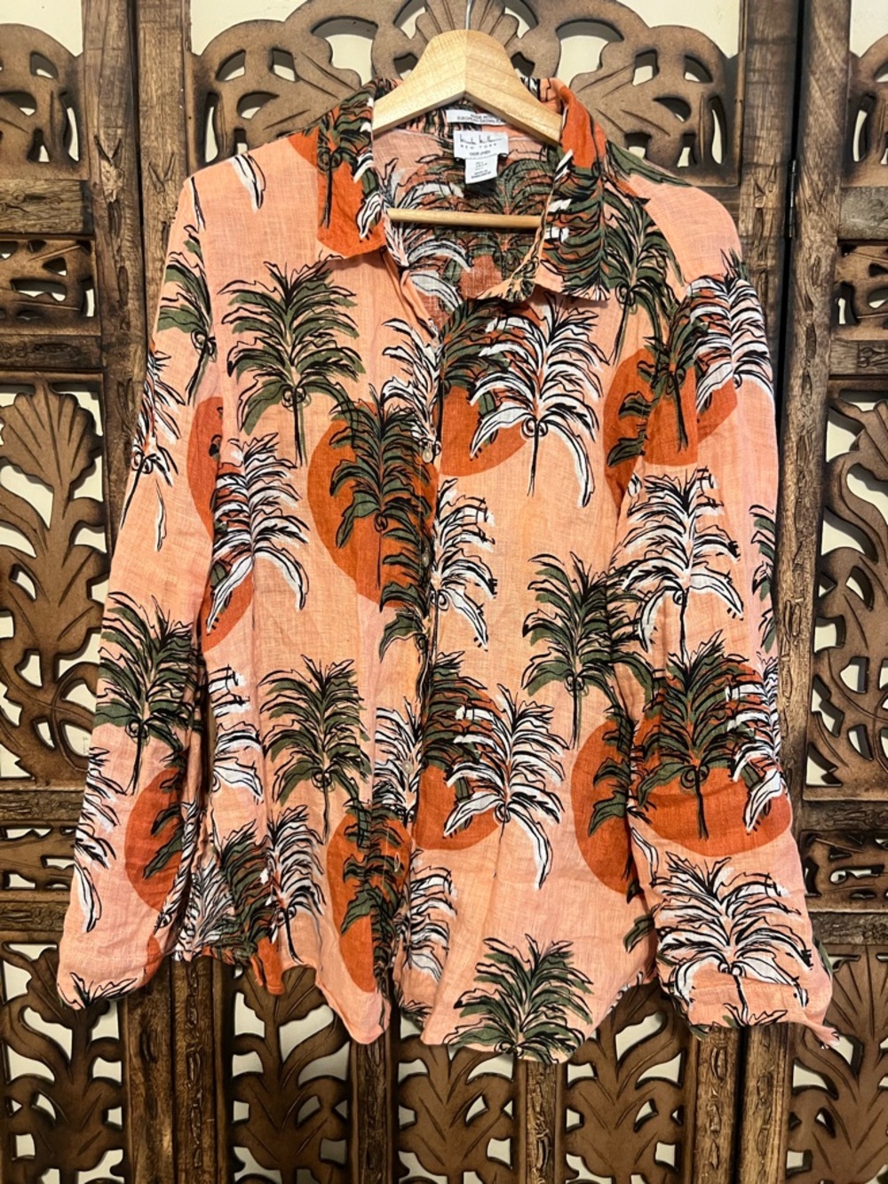 Nicole Miller Linen Palm-Print Shirt in Peach, Orange & Green